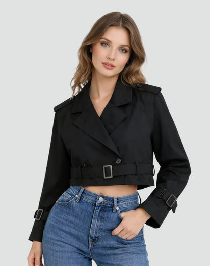 Women's Cropped Trench Coat - Double Breasted Belted Jacket