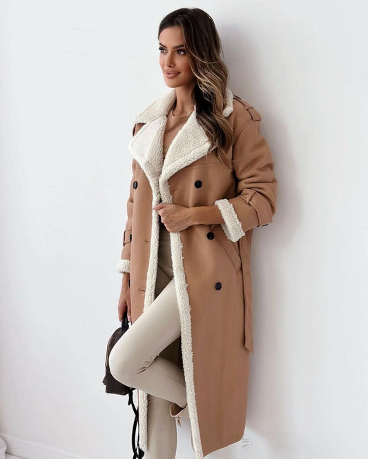 Women's Double Breasted Trench Coat - Belted Long Sleeve