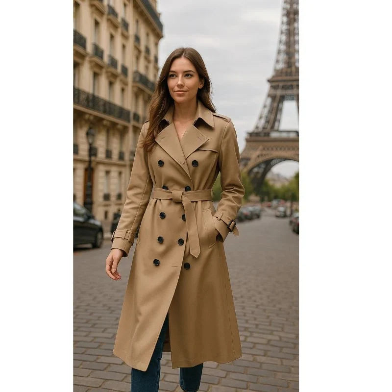 Women’s Double Breasted Trench Coat - Belted Long Sleeve
