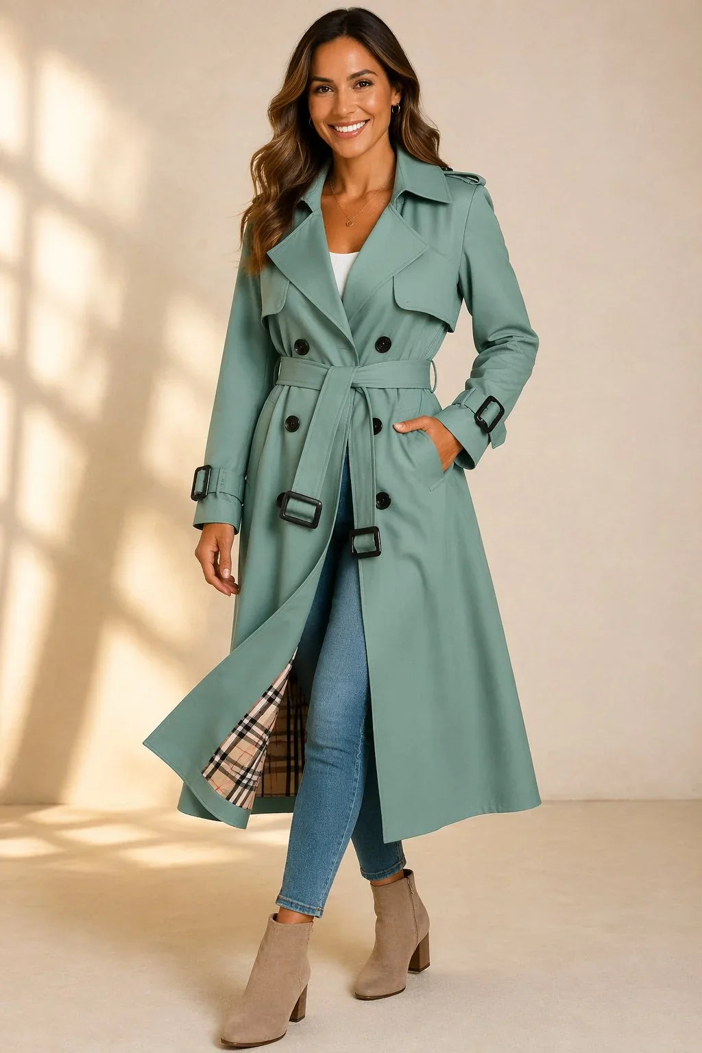 Women's Double Breasted Trench Coat - Belted Long Sleeve