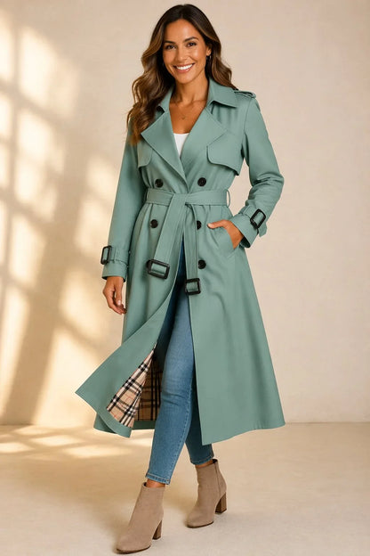 Women's Double Breasted Trench Coat - Belted Long Sleeve