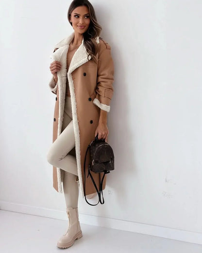 Women's Double Breasted Trench Coat - Belted Long Sleeve