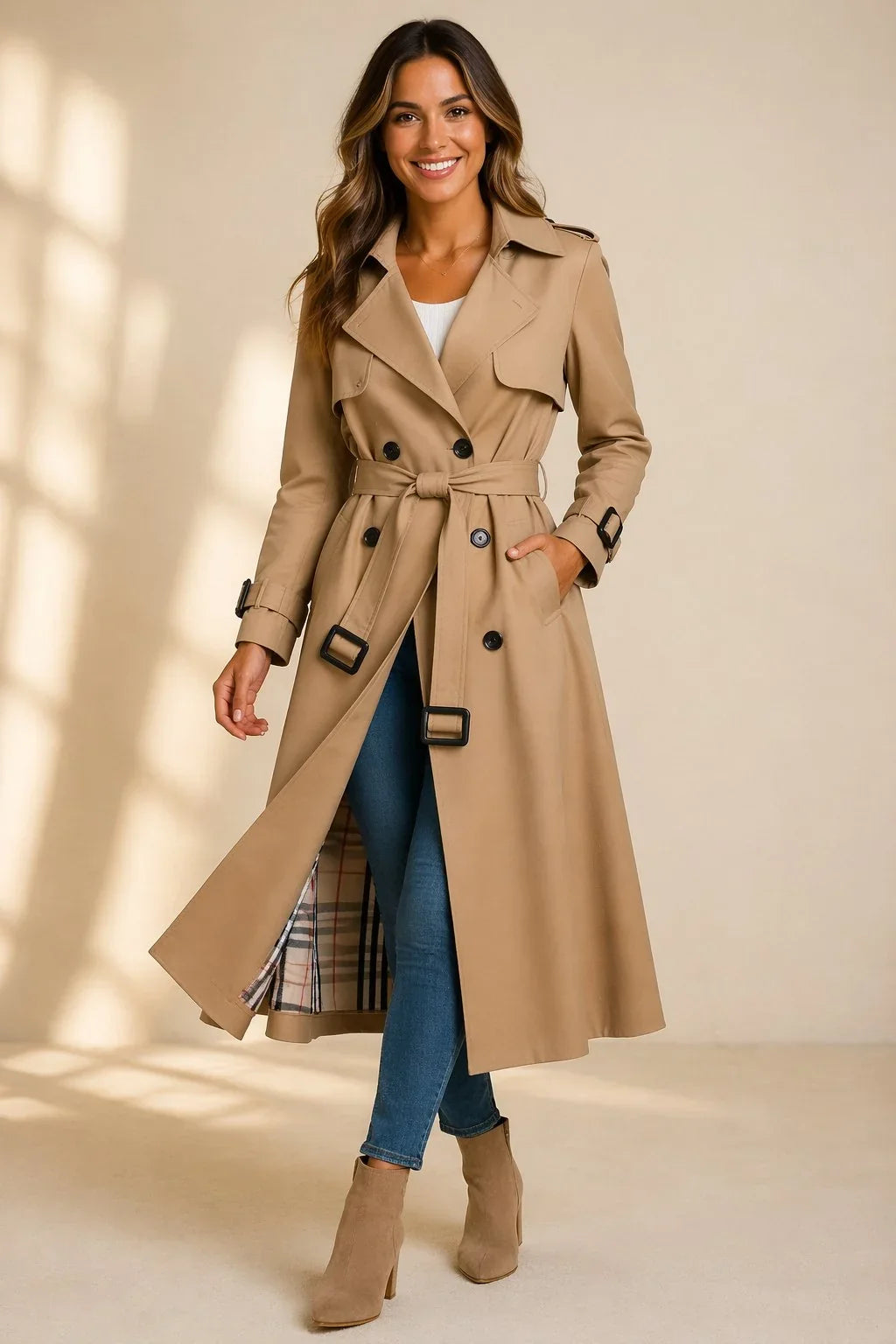 Women's Double Breasted Trench Coat - Belted Long Sleeve
