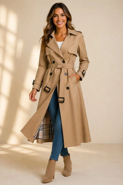 Women's Double Breasted Trench Coat - Belted Long Sleeve