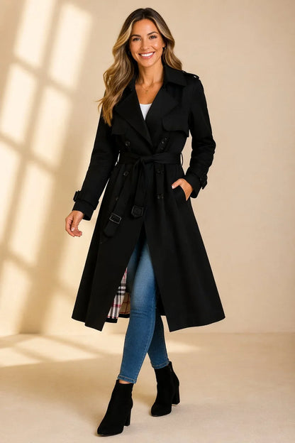 Women's Double Breasted Trench Coat - Belted Long Sleeve
