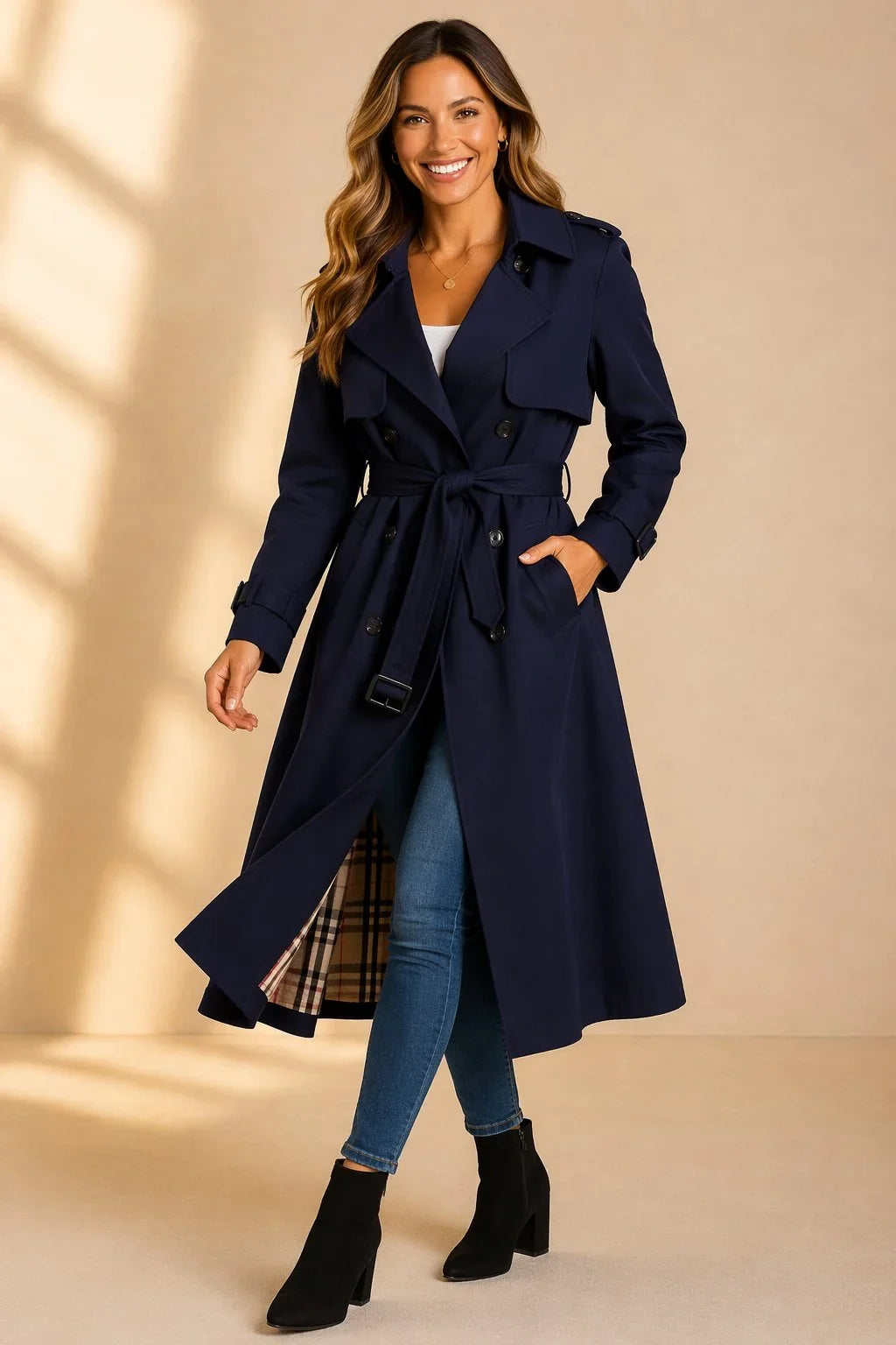 Women's Double Breasted Trench Coat - Belted Long Sleeve