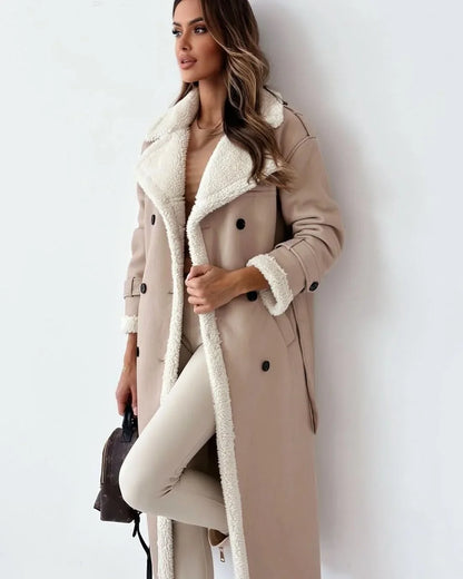 Women's Double Breasted Trench Coat - Belted Long Sleeve