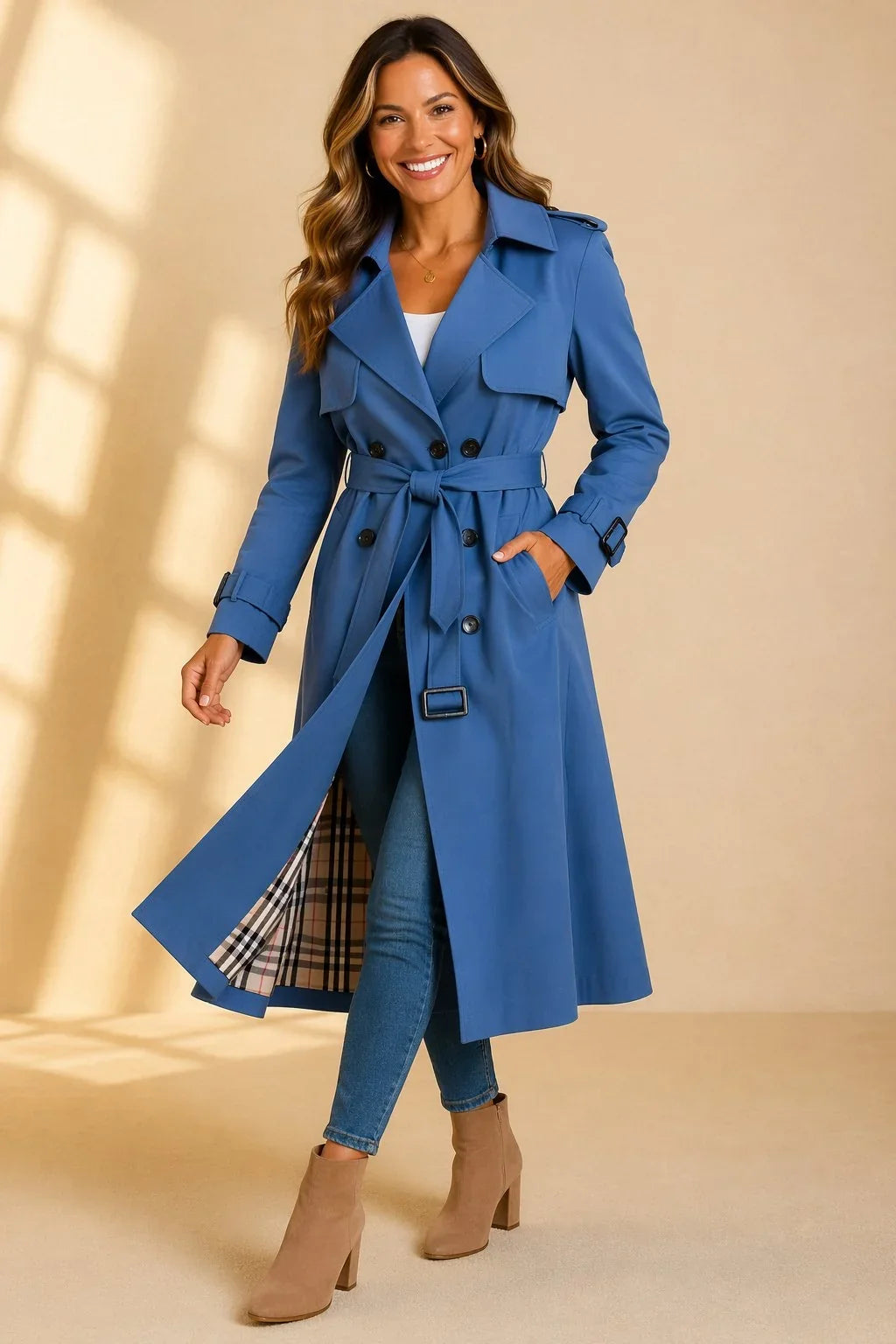 Women's Double Breasted Trench Coat - Belted Long Sleeve