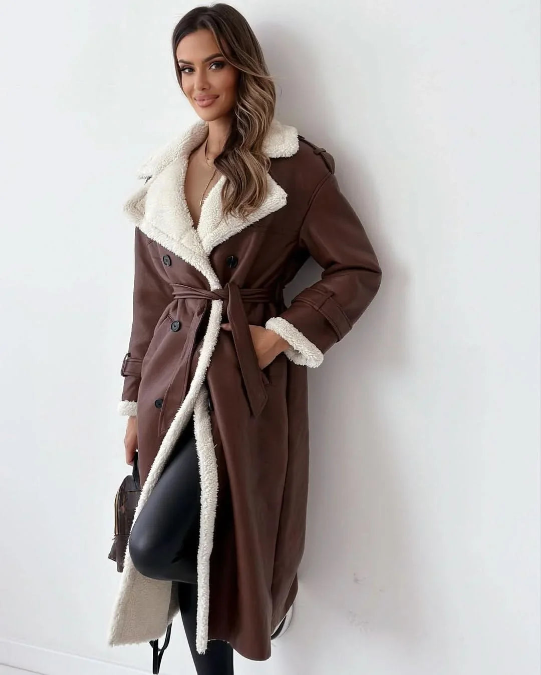 Women's Double Breasted Trench Coat - Belted Long Sleeve