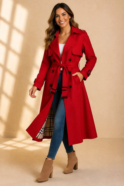Women's Double Breasted Trench Coat - Belted Long Sleeve