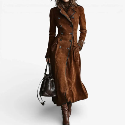 Women’s Suede Trench Coat - Double Breasted Long Sleeve