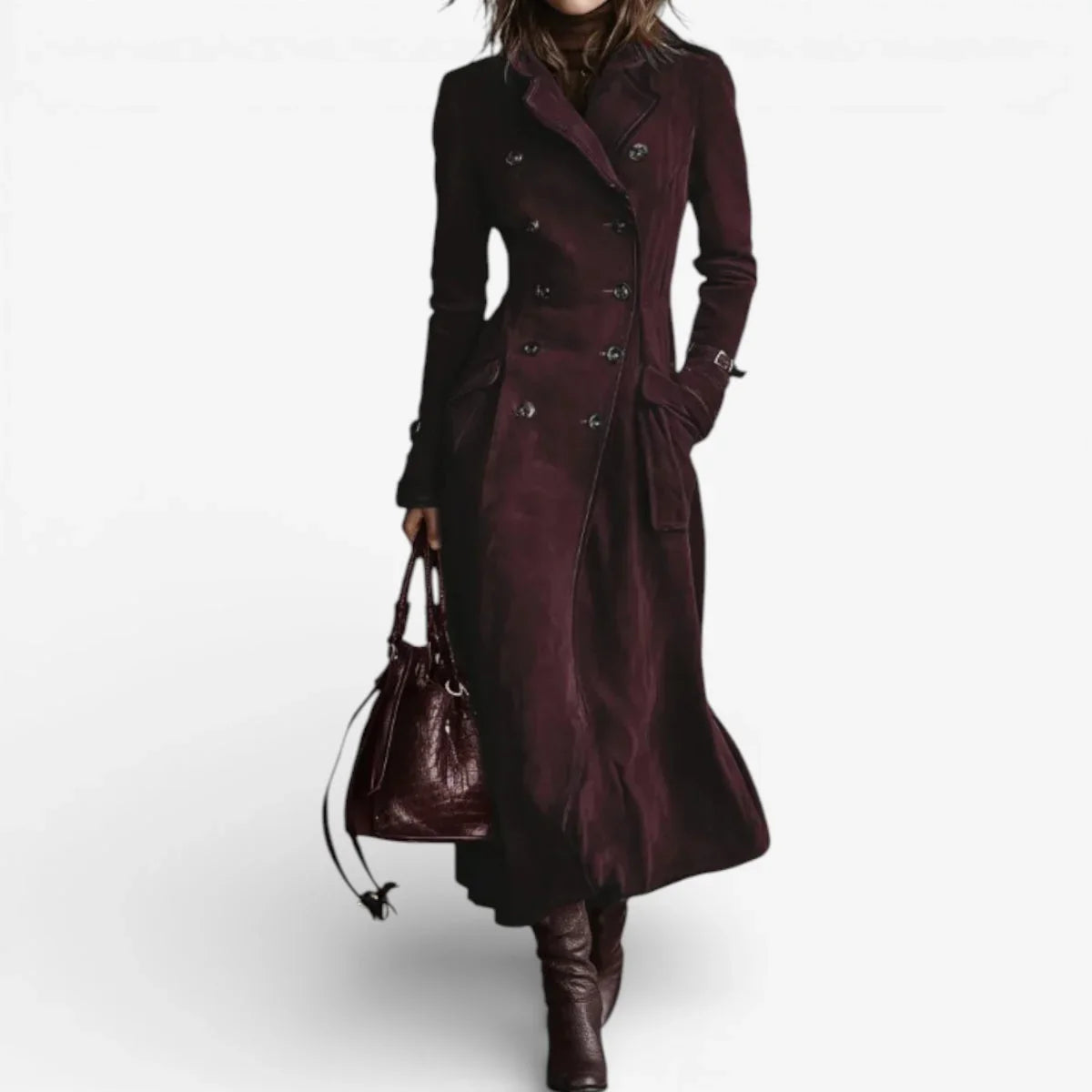 Women’s Suede Trench Coat - Double Breasted Long Sleeve