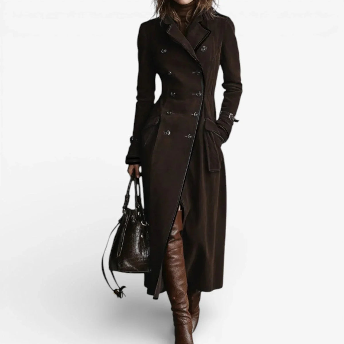Women’s Suede Trench Coat - Double Breasted Long Sleeve