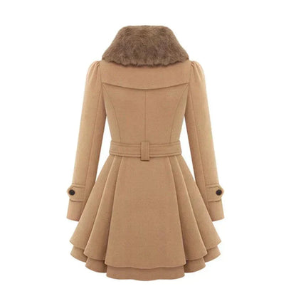 Women's Trench Coat - Faux Fur Collar Double Breasted Belted