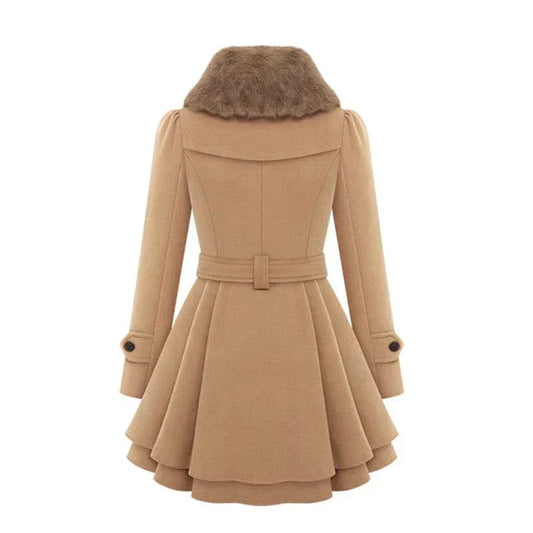 Women's Trench Coat - Faux Fur Collar Double Breasted Belted
