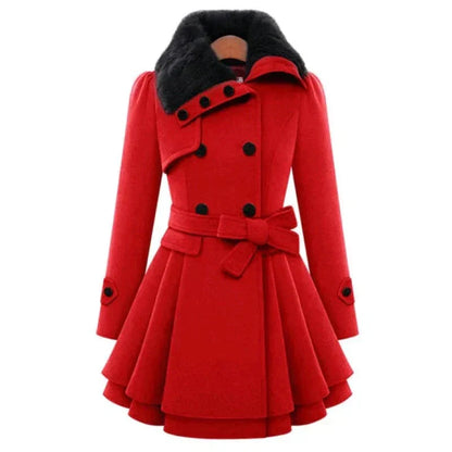 Women's Trench Coat - Faux Fur Collar Double Breasted Belted
