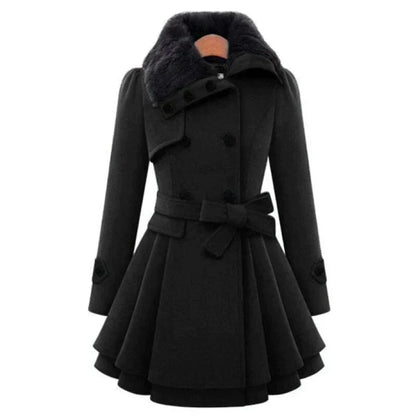 Women's Trench Coat - Faux Fur Collar Double Breasted Belted