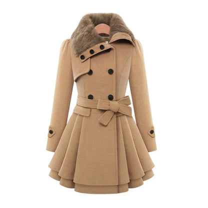 Women's Trench Coat - Faux Fur Collar Double Breasted Belted