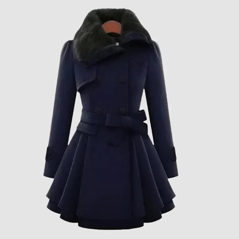 Women's Trench Coat - Faux Fur Collar Double Breasted Belted