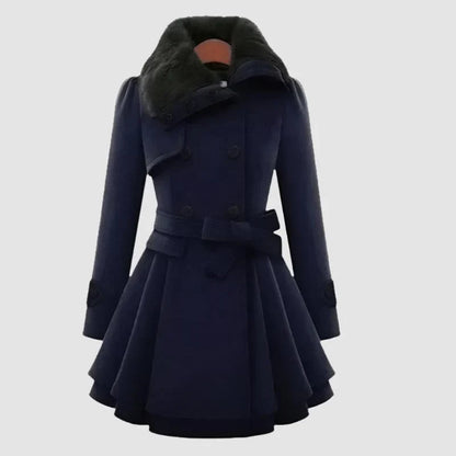 Women's Trench Coat - Faux Fur Collar Double Breasted Belted