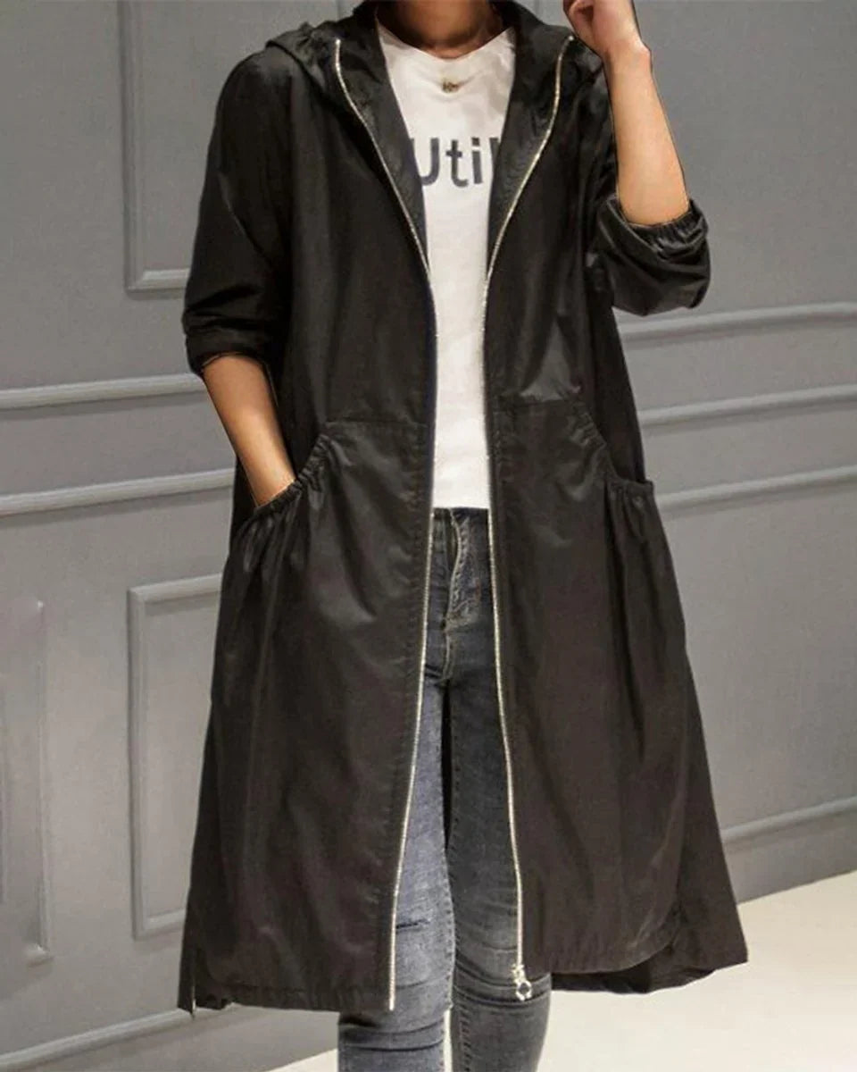 Women's Hooded Waterproof Trench Coat - Zip Up Jacket