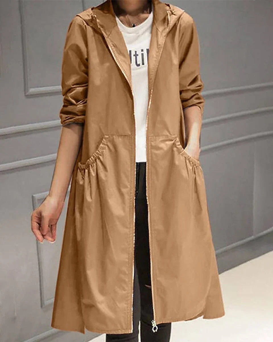 Women's Hooded Waterproof Trench Coat - Zip Up Jacket