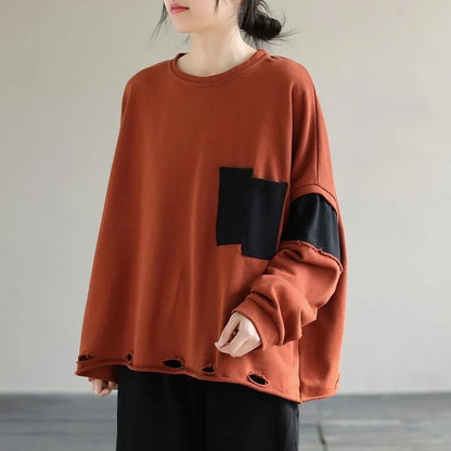 Women's Patchwork Cotton Sweatshirt – Loose Fit Tunic Top