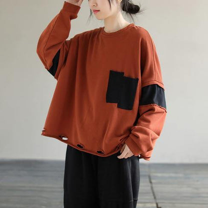 Women's Patchwork Cotton Sweatshirt – Loose Fit Tunic Top