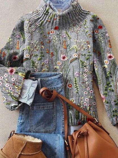 Women's Gray Turtleneck Sweater – Floral Embroidered Knit