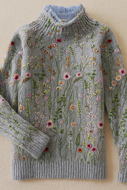 Women's Gray Turtleneck Sweater – Floral Embroidered Knit