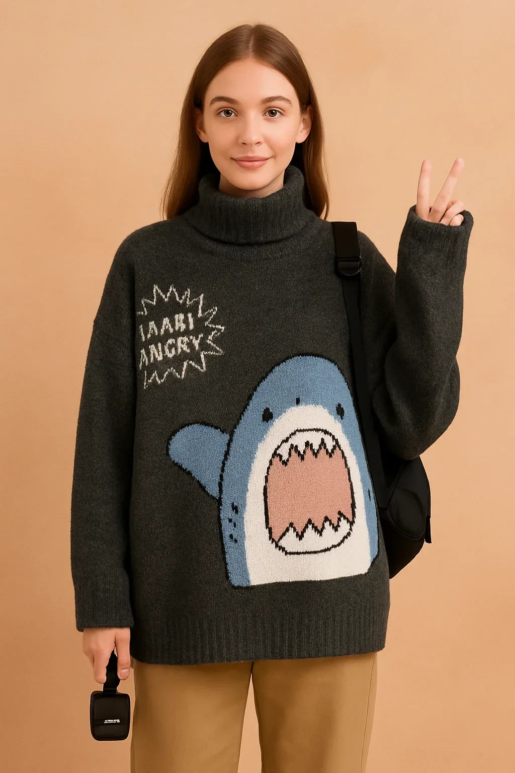 Women's Oversized Shark Print Sweater – Knit Turtleneck