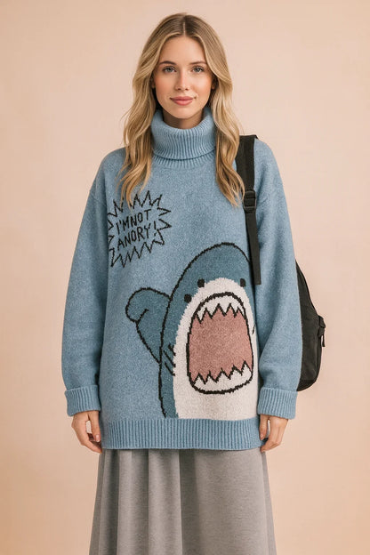 Women's Oversized Shark Print Sweater – Knit Turtleneck