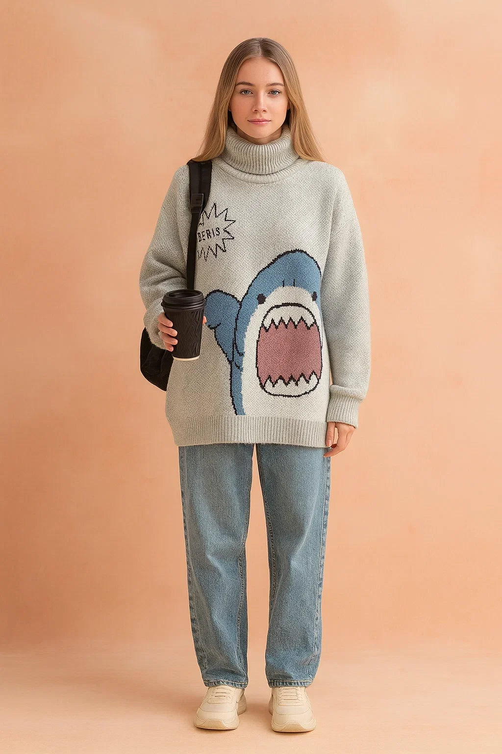 Women's Oversized Shark Print Sweater – Knit Turtleneck
