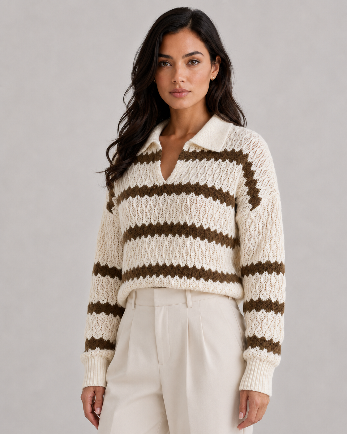 Women's V Neck Sweater - Collared Relaxed Knit