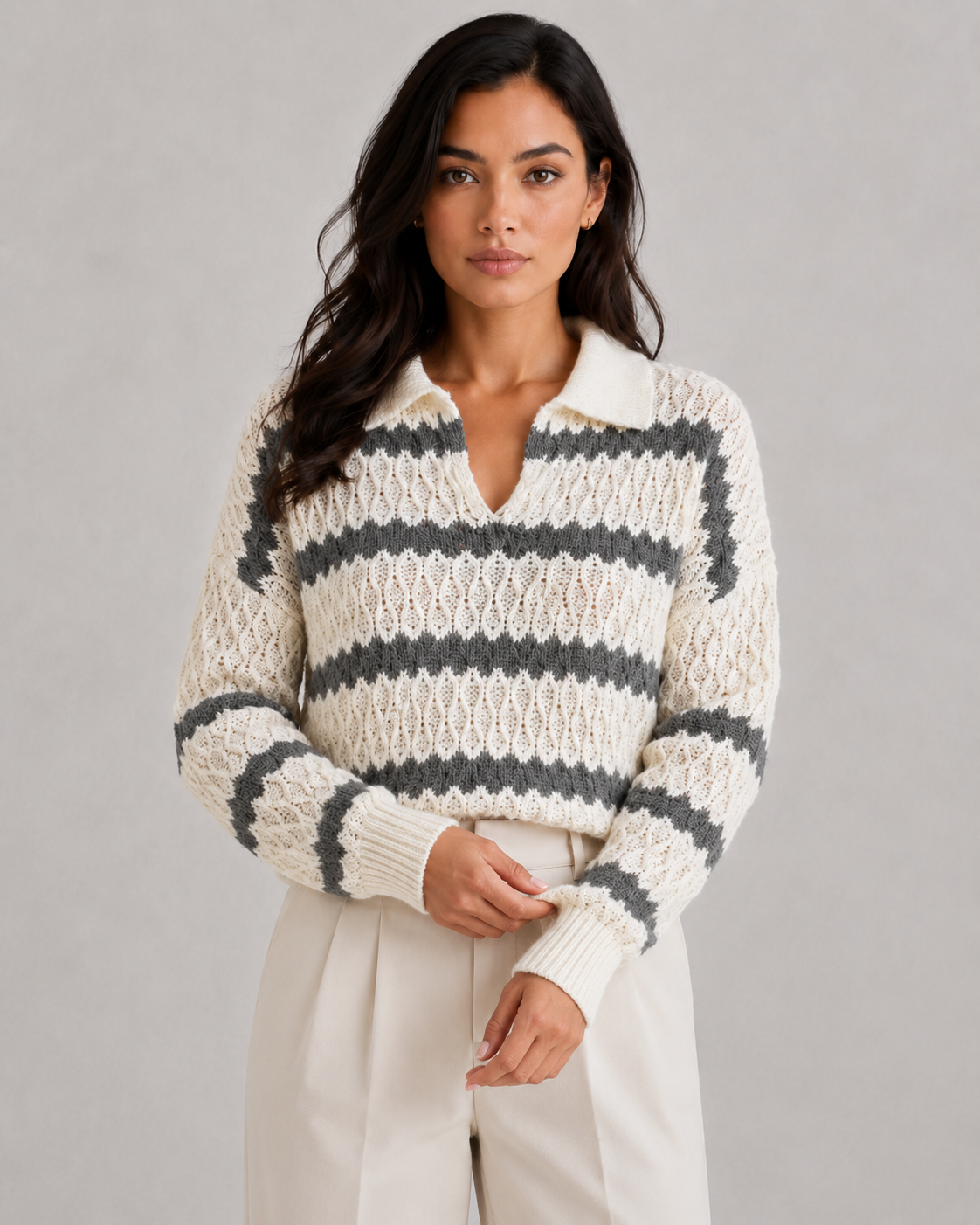 Women's V Neck Sweater - Collared Relaxed Knit