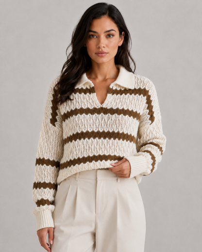 Women's V Neck Sweater - Collared Relaxed Knit