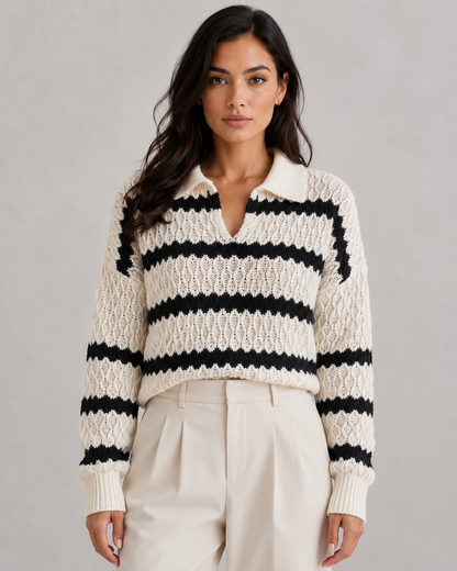 Women's V Neck Sweater - Collared Relaxed Knit