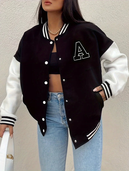 Women's Varsity Jacket - Contrast Sleeve Letterman Snap Front