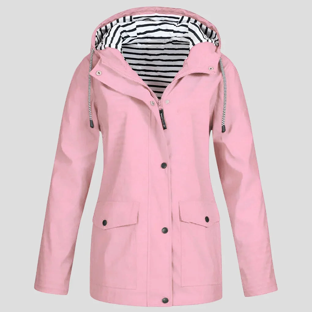 Women's Hooded Rain Jacket - Weatherproof Adjustable Drawstring