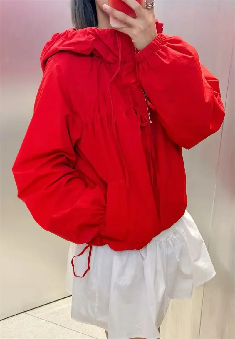 Women’s Hooded Windbreaker - Zip Front Gathered Hem Jacket