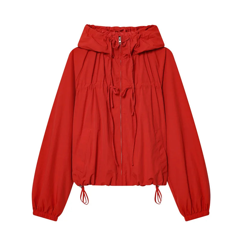 Women’s Hooded Windbreaker - Zip Front Gathered Hem Jacket