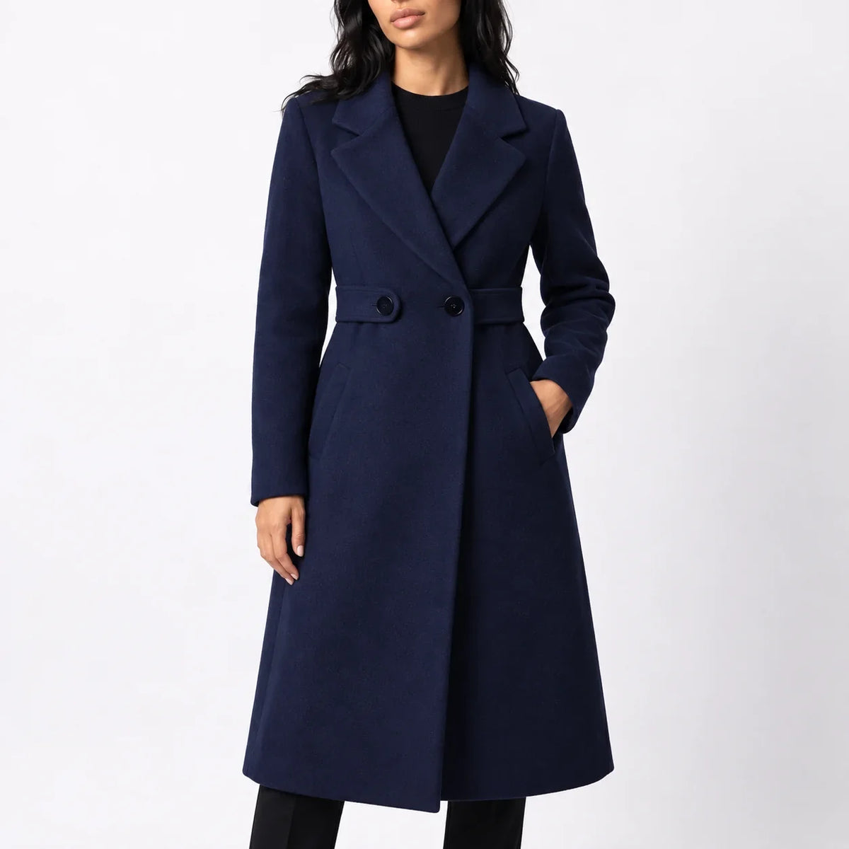 Women's Long Belted Winter Coat – Wide Notched Lapel