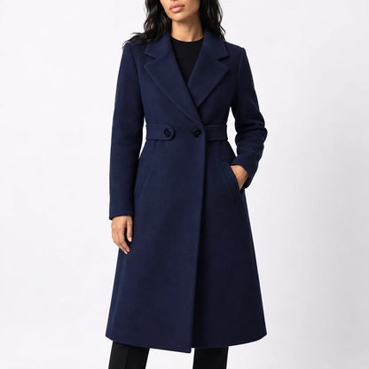 Women's Long Belted Winter Coat – Wide Notched Lapel
