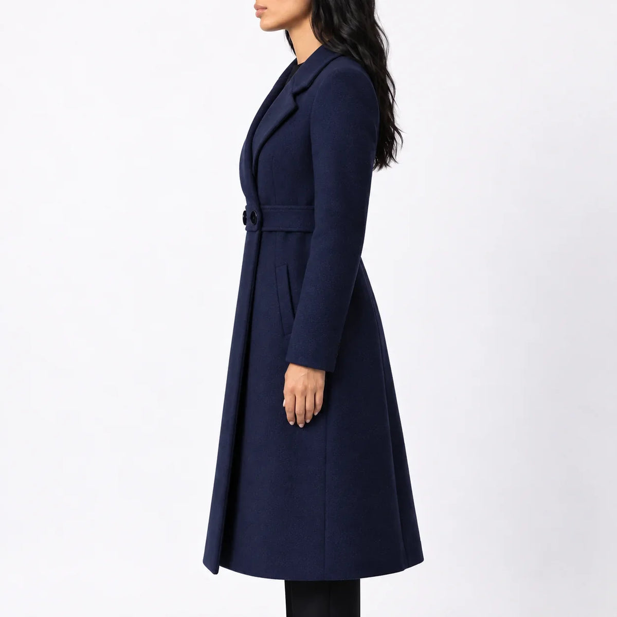Women's Long Belted Winter Coat – Wide Notched Lapel
