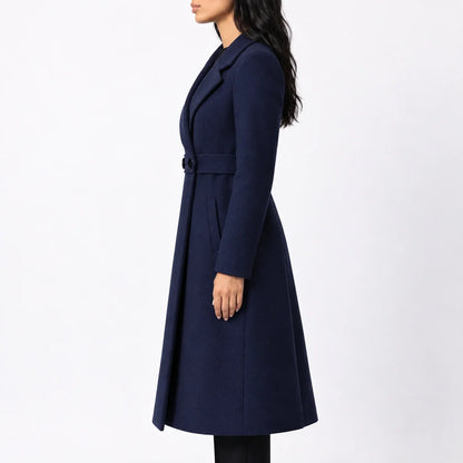Women's Long Belted Winter Coat – Wide Notched Lapel