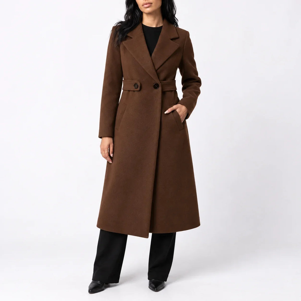 Women's Long Belted Winter Coat – Wide Notched Lapel