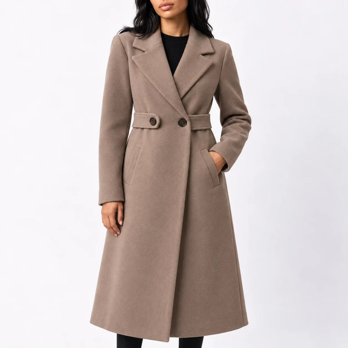 Women's Long Belted Winter Coat – Wide Notched Lapel