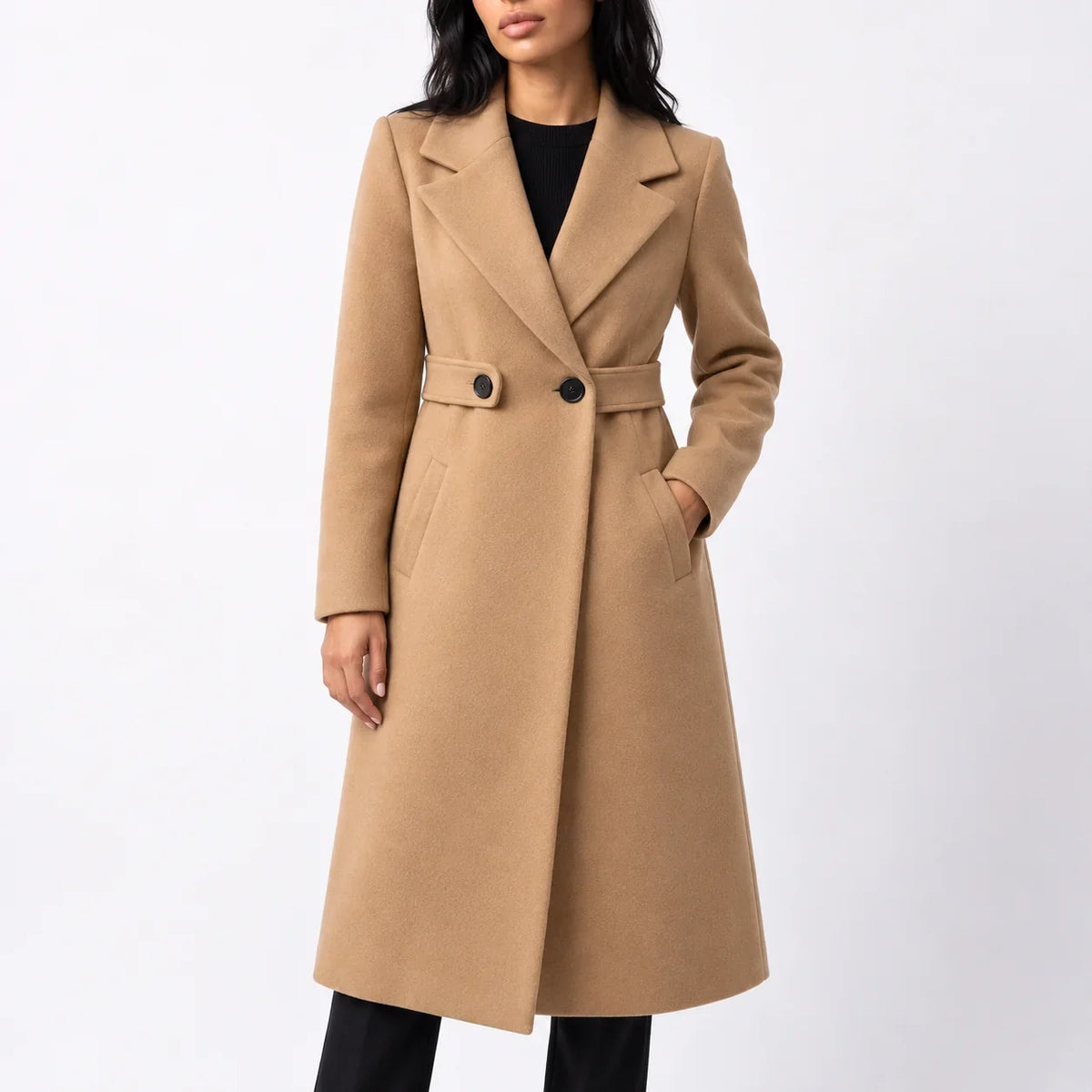 Women's Long Belted Winter Coat – Wide Notched Lapel