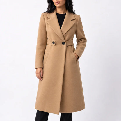 Women's Long Belted Winter Coat – Wide Notched Lapel
