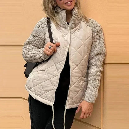 Quilted Knit Winter Jacket - Stand Collar Zip Women's Jacket